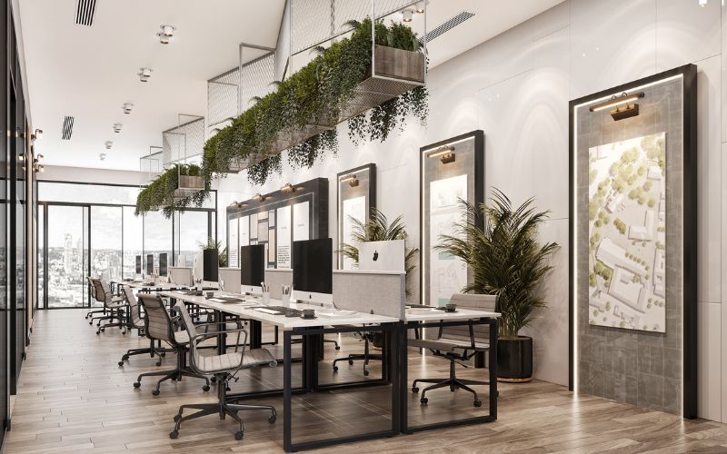 Thiết kế văn phòng 40m2 hiện đại với vườn cây mini và cửa kính lớn giúp không gian luôn thông thoáng