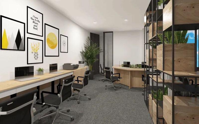 Mẫu thiết kế văn phòng 40m2 phong cách hiện đại với cây xanh nhỏ và tranh trang trí