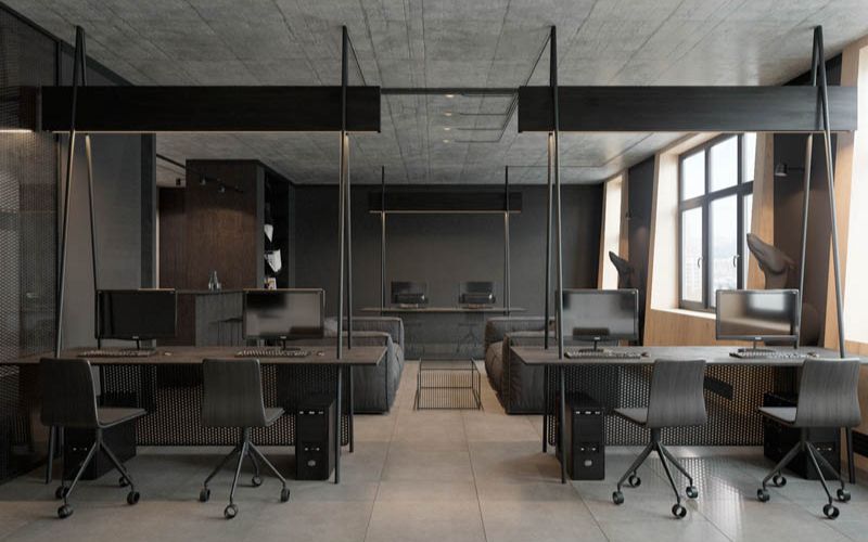 Thiết kế văn phòng 40m2 phong cách Industrial sử dụng gam màu tối tạo chiều sâu cho không gian