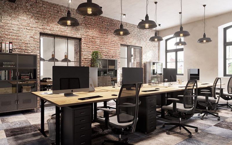 Mẫu văn phòng nhỏ 40m2 Industrial tạo điểm nhấn bằng tường gạch thô và nội thất tối giản