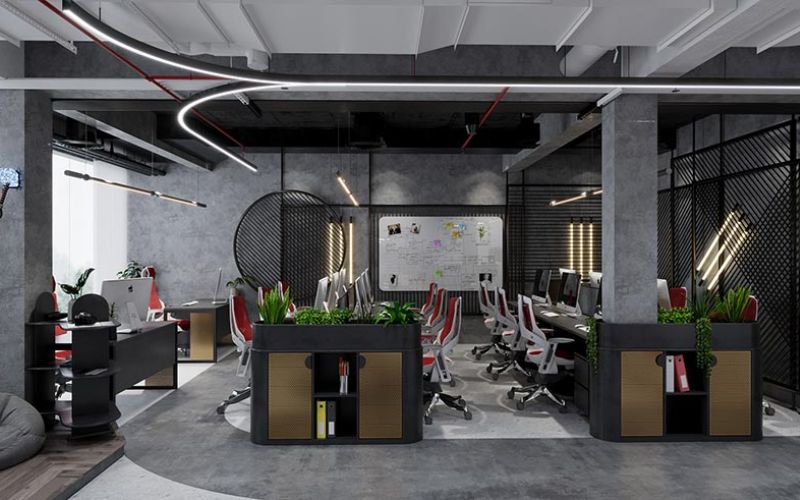 Không gian văn phòng mở Industrial cho agency sáng tạo với tông xám than và vật liệu thô mộc