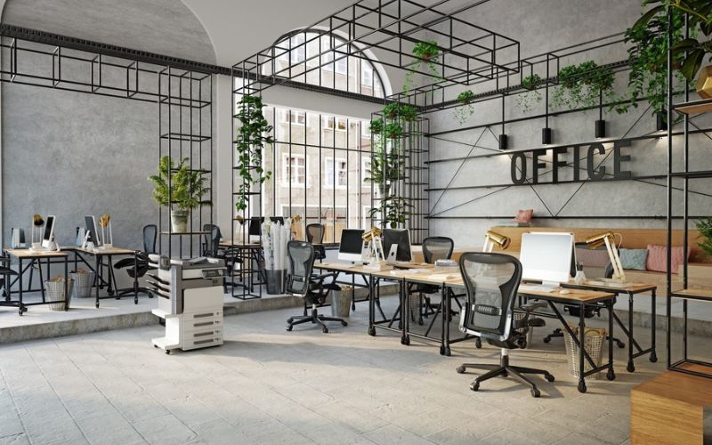 Thiết kế nội thất văn phòng Industrial cho startup trẻ với bố cục mở linh hoạt và khơi gợi cảm hứng sáng tạo