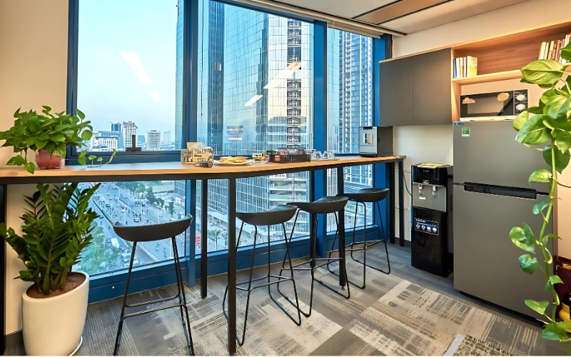 Mẫu thiết kế pantry nhỏ gọn trang bị đầy đủ các tiện ích cho văn phòng nhà ống