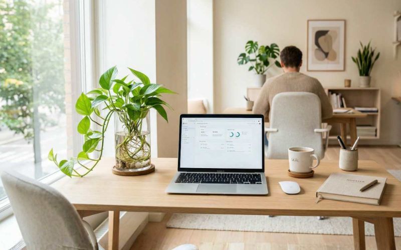 Cây phong thủy được tích hợp trong thiết kế nội thất văn phòng, góp phần cân bằng thẩm mỹ và yếu tố phong thủy cho doanh nghiệp