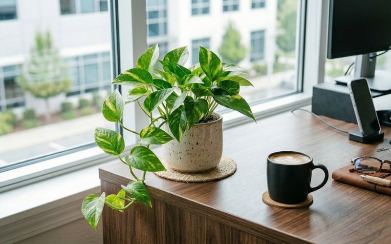 Cây để bàn làm việc hợp mệnh Mộc được bố trí theo hướng Đông, giúp tăng sinh khí và thu hút tài lộc