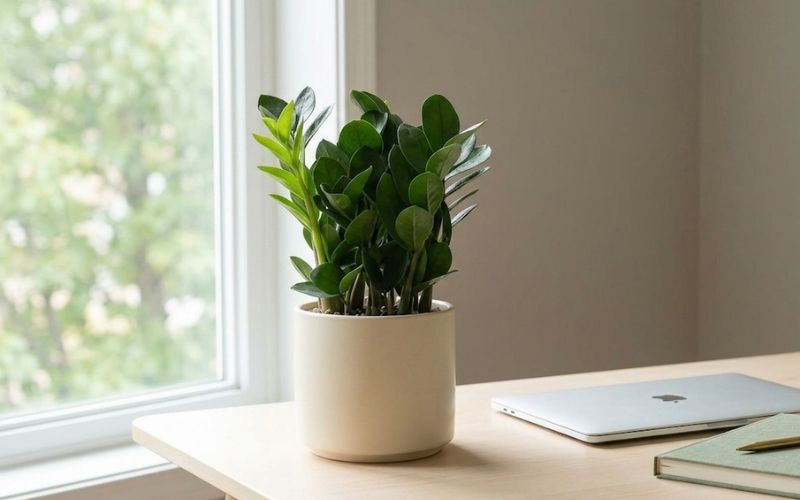 Bàn làm việc với cây phong thủy xanh khỏe được thay mới định kỳ, duy trì vẻ đẹp thẩm mỹ và ý nghĩa phong thủy lâu dài