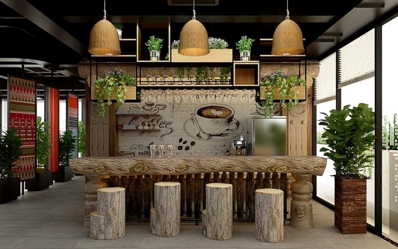 Thiết kế pantry với quầy bar và ánh sáng ấm, tạo không gian thư giãn như đang ở một quán cà phê