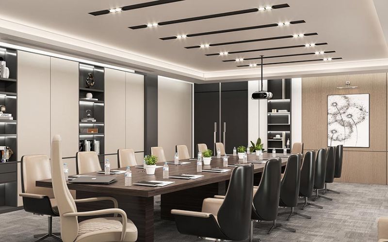 Mẫu phòng họp cao cấp với bàn veneer, ghế da và hệ chiếu sáng âm trần tinh tế