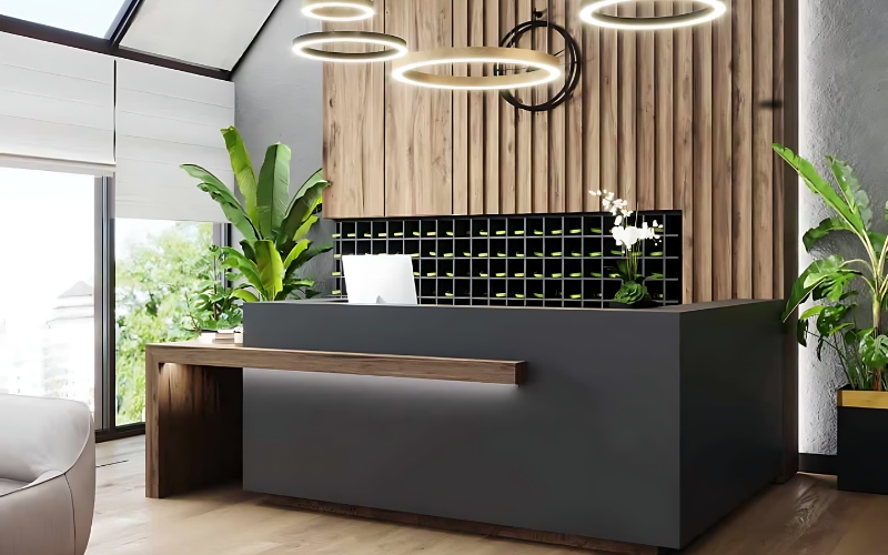 Quầy lễ tân chữ L với tông màu đen hiện đại