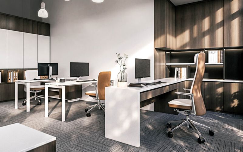 Văn phòng 25m2 hệ tủ lưu trữ âm tường bàn làm việc liền kệ tối ưu diện tích.