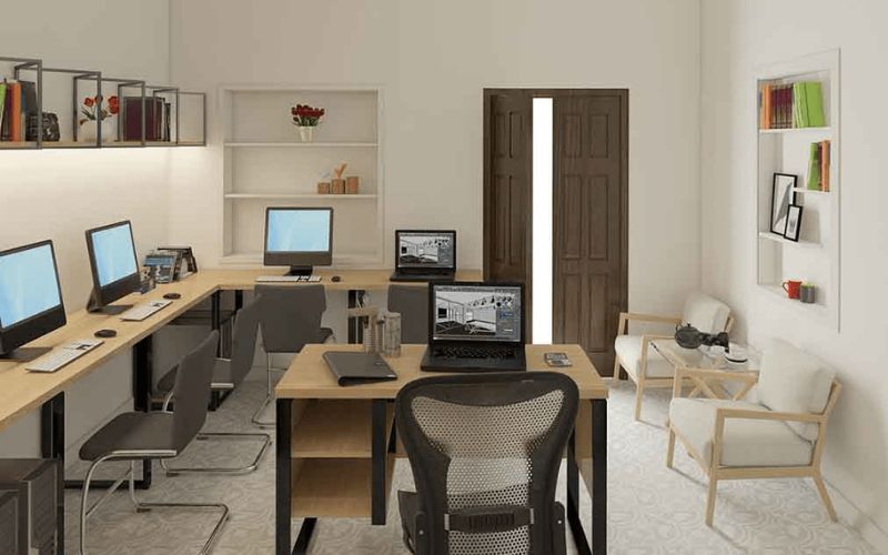 Văn phòng 20m2 tích hợp 3 chức năng làm việc nhóm giám đốc và tiếp khách.