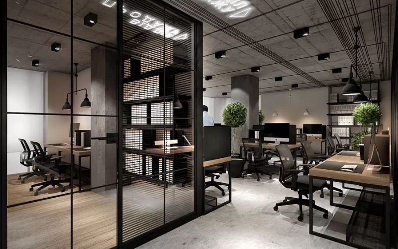 Mẫu văn phòng 60m2 phong cách Industrial phù hợp với các công ty công nghệ và startup
