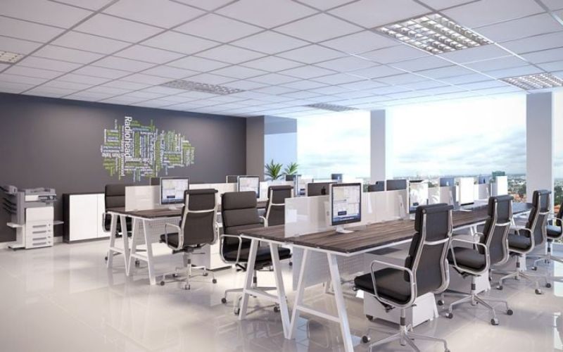 Thiết kế văn phòng 100m² hiện đại với khu làm việc mở phù hợp doanh nghiệp trẻ