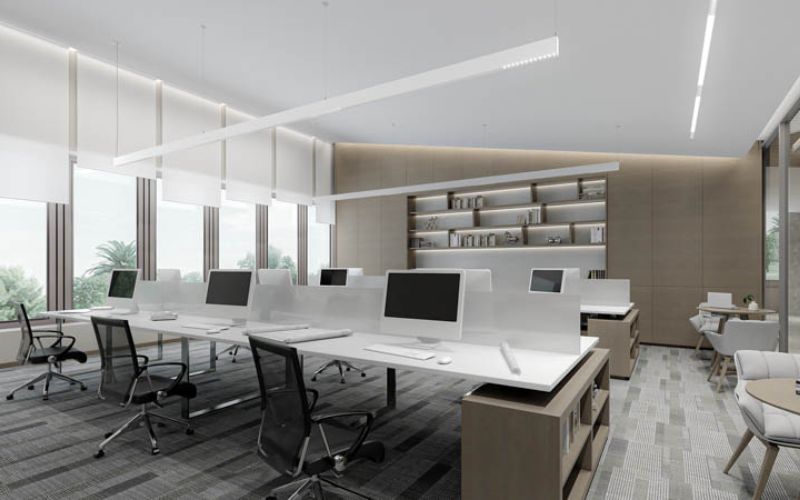 Thiết kế nội thất văn phòng tối giản kết hợp bàn gỗ sáng màu