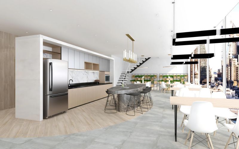 Pantry văn phòng hiện đại được bố trí khoa học với nội thất tiện nghi và không gian mở