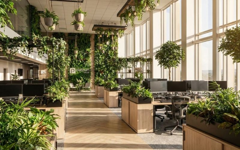 Mẫu decor văn phòng phong cách xanh với ánh sáng tự nhiên tạo môi trường làm việc trong lành
