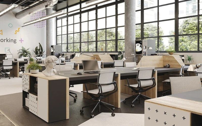Thiết kế văn phòng làm việc hiện đại, tận dụng ánh sáng tự nhiên giúp không gian luôn thông thoáng