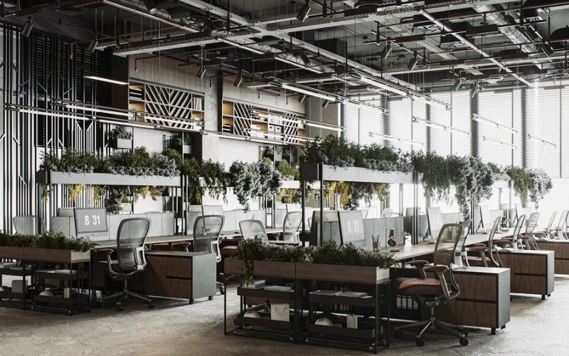 Mẫu văn phòng công nghiệp cá tính với trần hở, nội thất gỗ và cây xanh trang trí