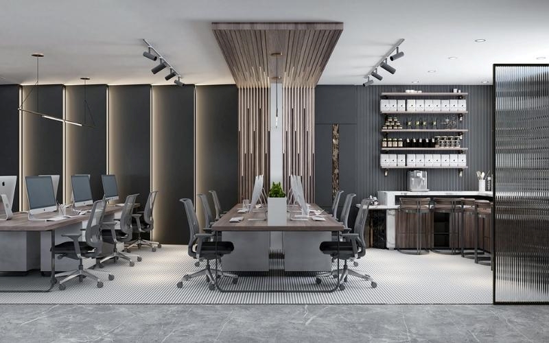 Mẫu thiết kế văn phòng 200m2 với tone màu trắng đen chủ đạo