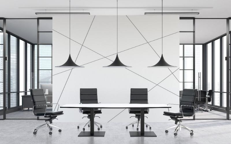 Văn phòng 200m2 tone trắng đen tương phản mạnh với điểm nhấn các họa tiết hình học cân xứng