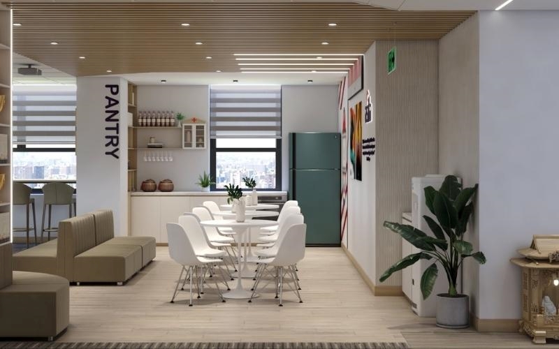 trần thạch cao phố gỗ cho không gian pantry văn phòng