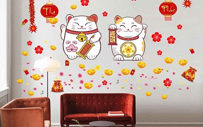 Trang trí Tết văn phòng bằng giấy decal dán tường mang thông điệp may mắn