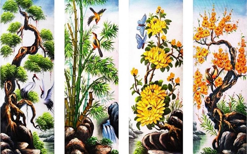 Trang trí văn phòng làm việc ngày Tết với bộ tranh tứ quý Tùng - Trúc - Cúc - Mai vẽ tường