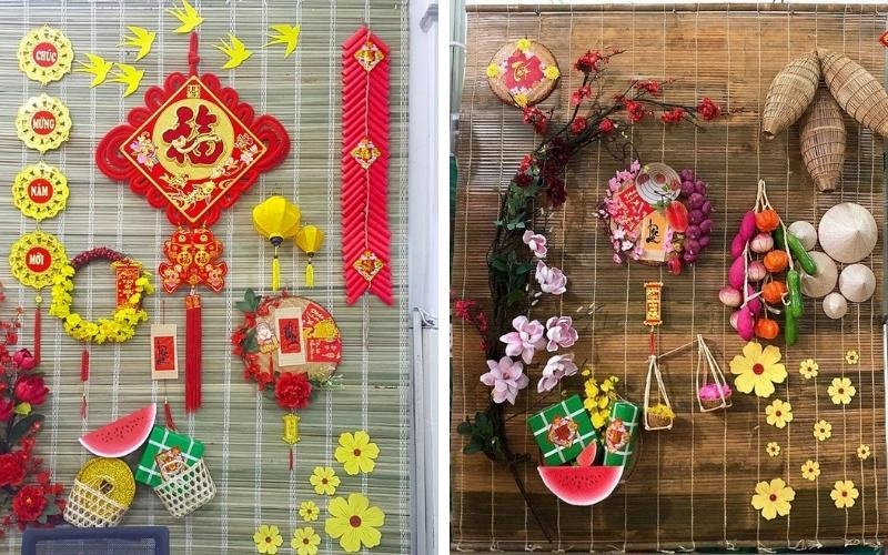 Trang trí văn phòng làm việc ngày Tết với mành tre được trang trí đẹp mắt