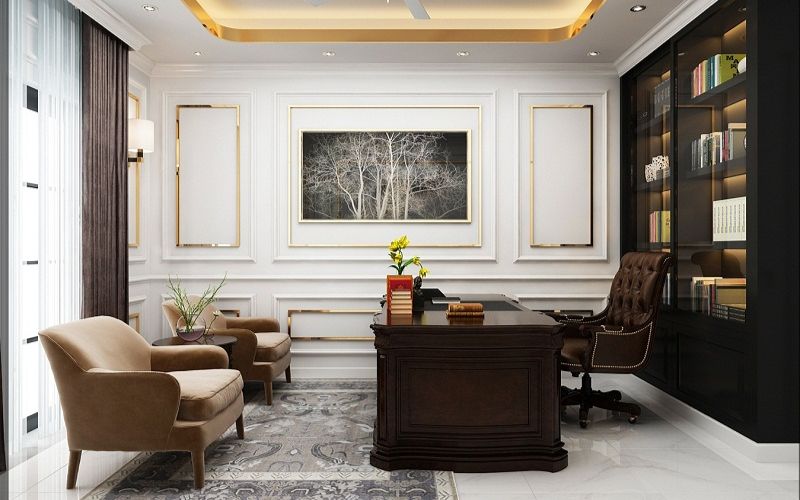 Văn phòng Tân cổ điển sử dụng phào chỉ trang trí kết hợp tông màu trung tính, mang lại vẻ đẹp thanh lịch và đẳng cấp