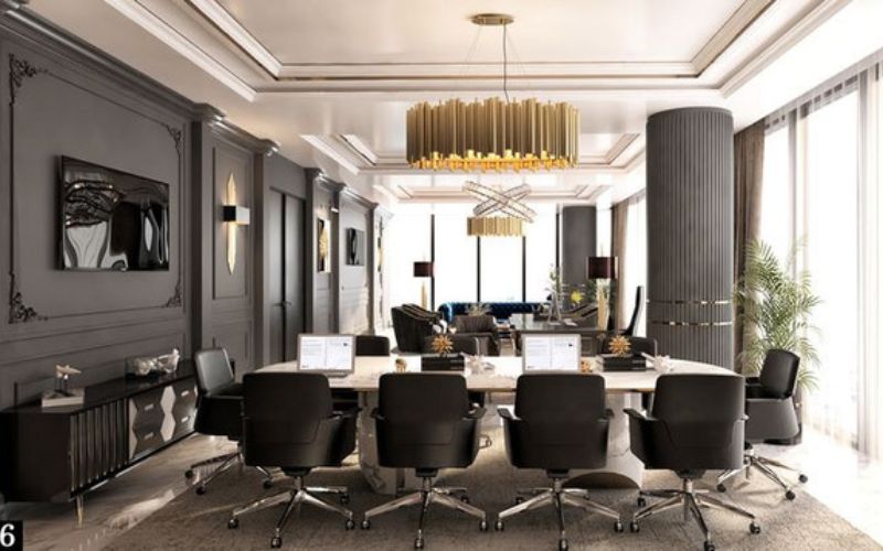 Khu làm việc chung phong cách tân cổ điển với nội thất đồng bộ và ánh sáng hài hòa, tạo môi trường làm việc chuyên nghiệp