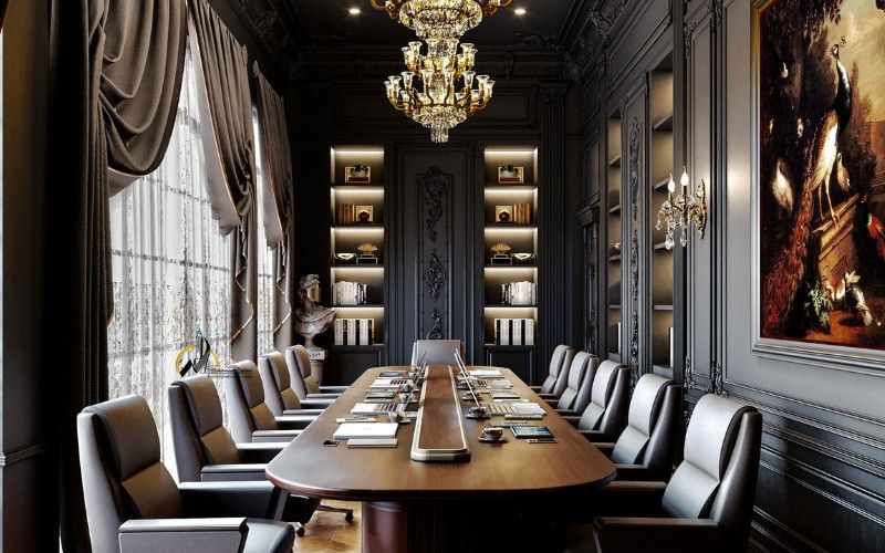Thiết kế phòng họp VIP tân cổ điển với bàn họp gỗ, ghế da cao cấp và đèn chùm tinh tế, tạo không gian tiếp đón đối tác sang trọng