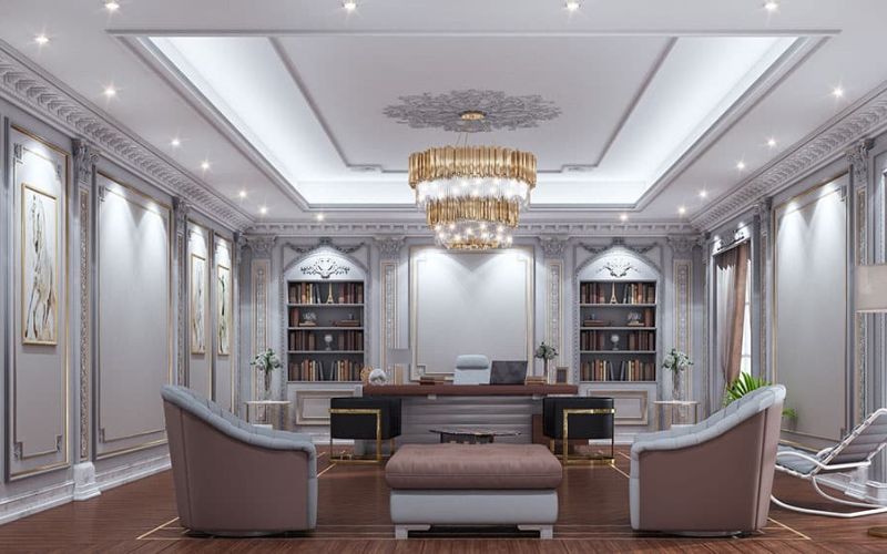 Thiết kế văn phòng tân cổ điển châu Âu với phào chỉ tinh tế và đèn chùm pha lê, tạo không gian làm việc sang trọng, đẳng cấp
