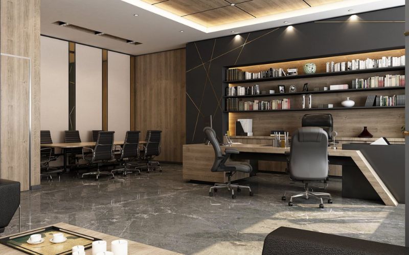 Không gian văn phòng tân cổ điển hiện đại sử dụng vật liệu cao cấp và ánh sáng hài hòa tạo cảm giác thanh lịch