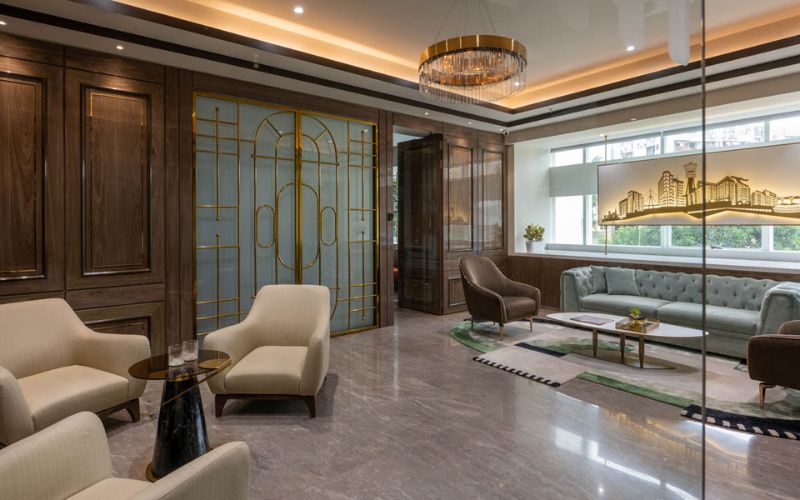 Văn phòng tân cổ điển phương Đông với thiết kế phào chỉ tinh tế và màu sắc trầm ấm mang đến không gian đẳng cấp