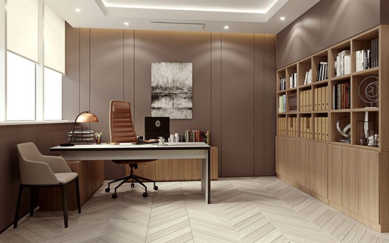 Không gian văn phòng tân cổ điển tối giản sử dụng ít chi tiết trang trí nhưng vẫn giữ được nét sang trọng đặc trưng của kiến trúc châu Âu