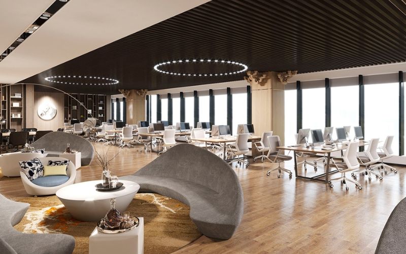 Mẫu thiết kế văn phòng Modern Luxury nổi bật với vật liệu cao cấp và bố cục mở chuyên nghiệp