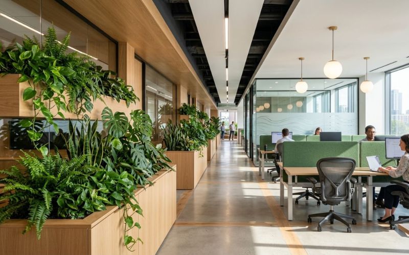 Văn phòng Biophilic Luxury nổi bật với cây xanh kiến trúc và vật liệu tự nhiên cao cấp