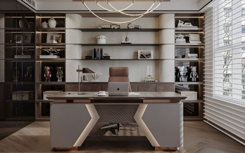Mẫu phòng giám đốc Luxury với nội thất cao cấp và hệ tủ âm tường tạo không gian sang trọng, đẳng cấp