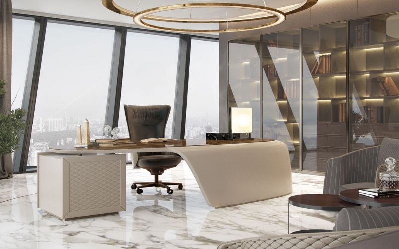 Thiết kế phòng giám đốc phong cách Luxury sử dụng nội thất cao cấp và cửa kính lớn mở ra tầm nhìn panorama triệu đô