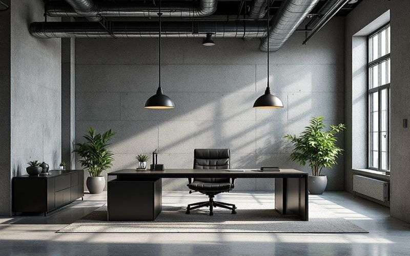 Thiết kế phòng giám đốc công nghiệp kết hợp vật liệu thô và nội thất sang trọng tạo không gian đẳng cấp