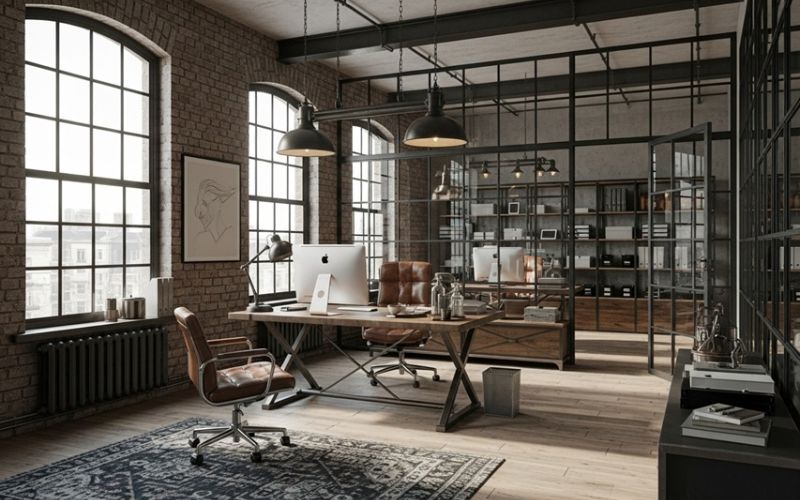 Mẫu phòng giám đốc phong cách Industrial với tường bê tông mài, bàn gỗ tự nhiên và ghế da cao cấp
