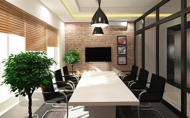 Mẫu phòng họp phong cách Industrial với vách kính khung thép, tường gạch thô và hệ thống đèn thả hiện đại