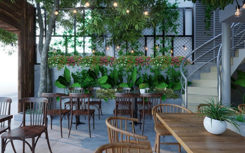 Đơn vị thi công quán cafe sẽ bố trí cây cảnh một cách khoa học