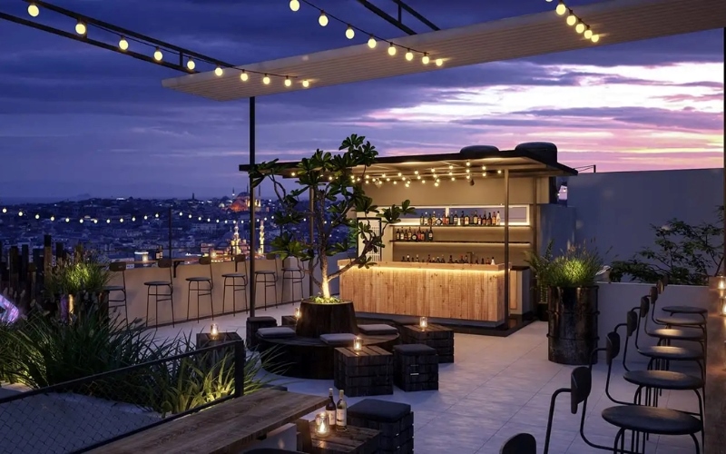 Không gian thoáng đãng của thiết kế quán cafe trên sân thượng
