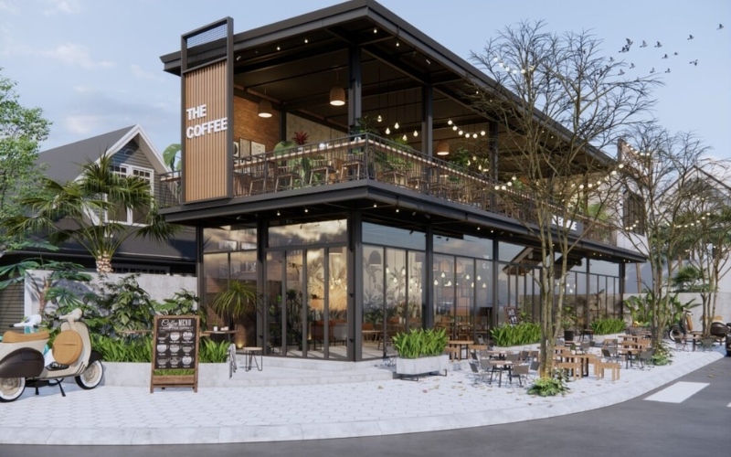 Thiết kế bên ngoài của quán cafe 2 mặt tiền