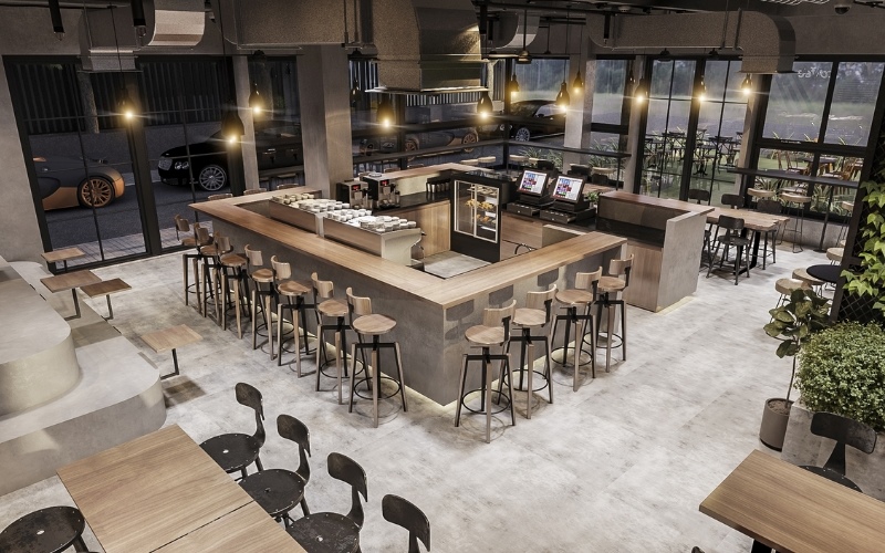 Bố trí ghế ngồi xung quanh quầy bar giúp tối ưu hóa diện tích