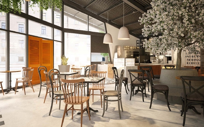 Thiết kế quán cafe có gam màu nhẹ nhàng đồng nhất