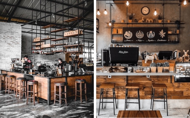Thiết kế quán cafe 80m2 phong cách xưởng công nghiệp