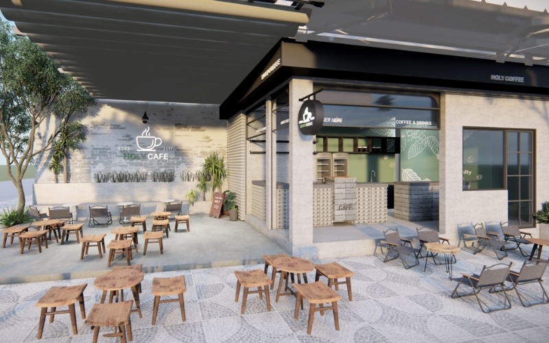 Thiết kế quán cafe bình dân với chỗ ngồi ngoài trời mát mẻ
