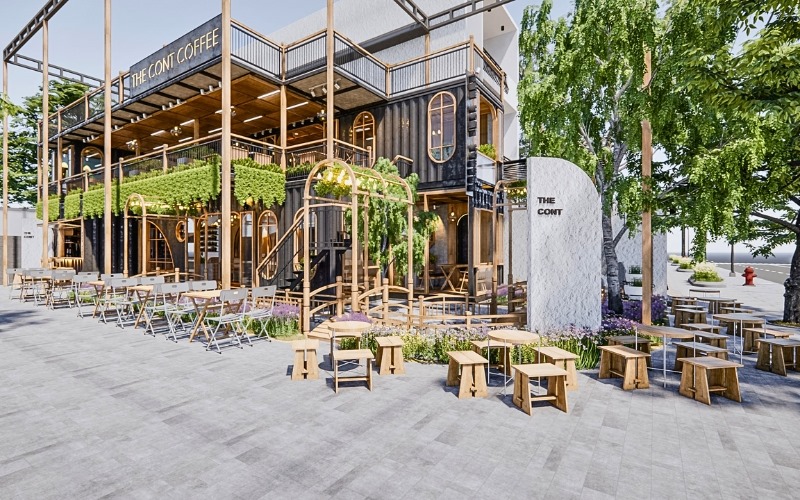 Thiết kế quán cafe container sân vườn phù hợp với mặt bằng rộng